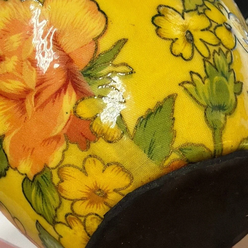 Vintage Mid Century Decoupage Art Pottery‎ Vase Raised Floral Yellow Decor